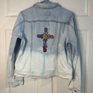 Custom Embroidered Cross Bleached Denim Jacket Floral Distressed Jean Jacket